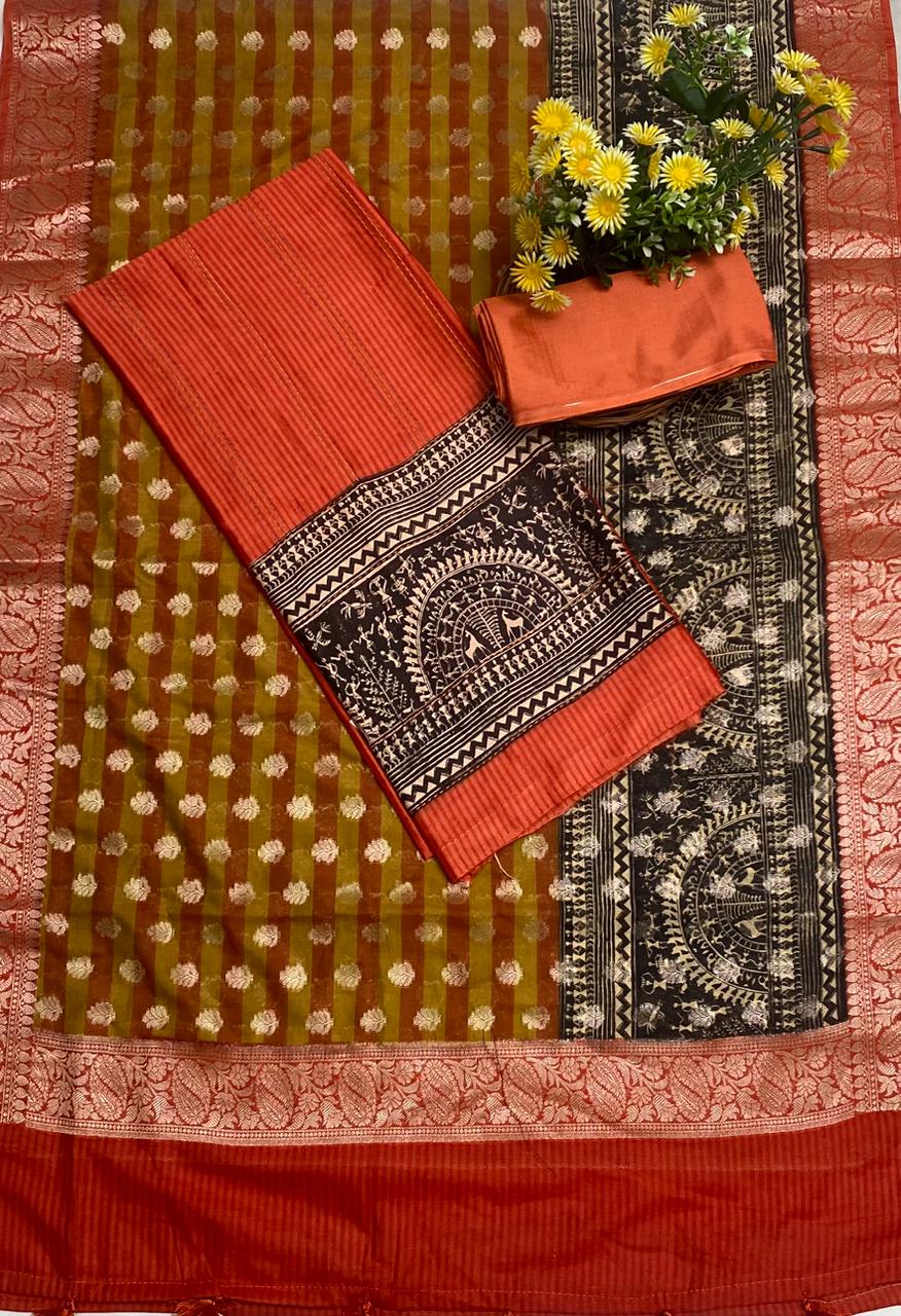 Pure Maheshwari Rust Orange Suit Fabric / Festive Vibe