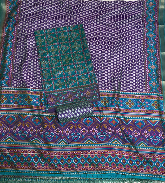 Patola Silk Peocock Green With Dark Purple Suit Fabric / Summer Elegance