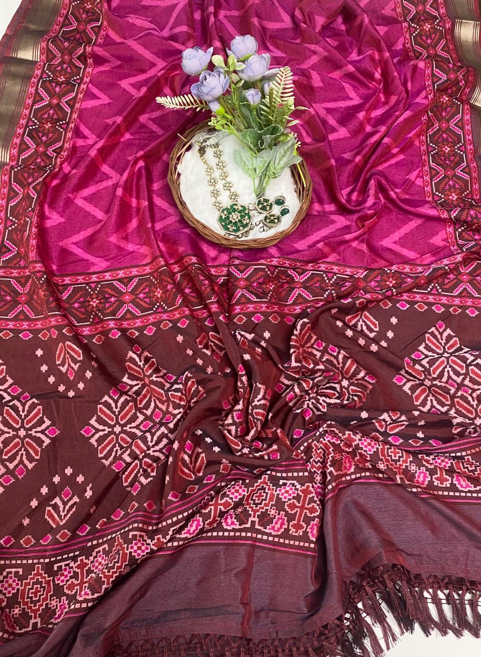 Patola Silk Magenta With Brown Suit Fabric / Summer Elegance
