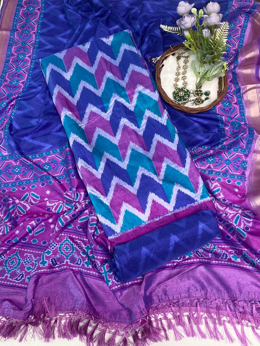 Patola Silk Navy Blue With Purple Suit Fabric / Summer Elegance