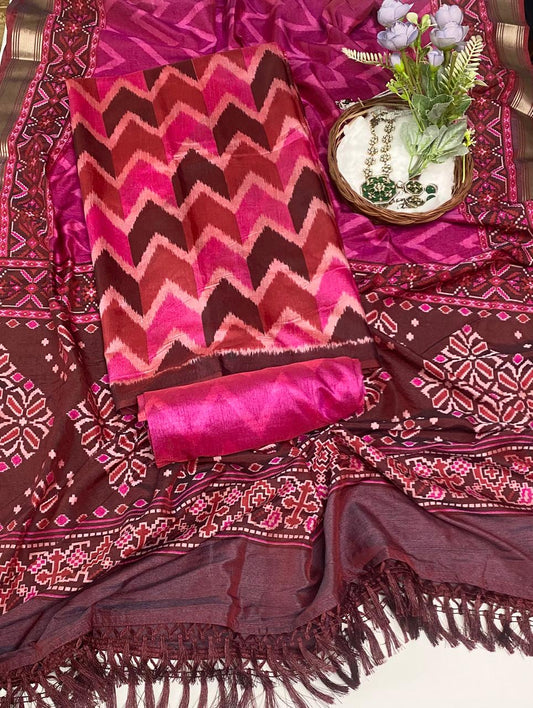 Patola Silk Magenta With Brown Suit Fabric / Summer Elegance