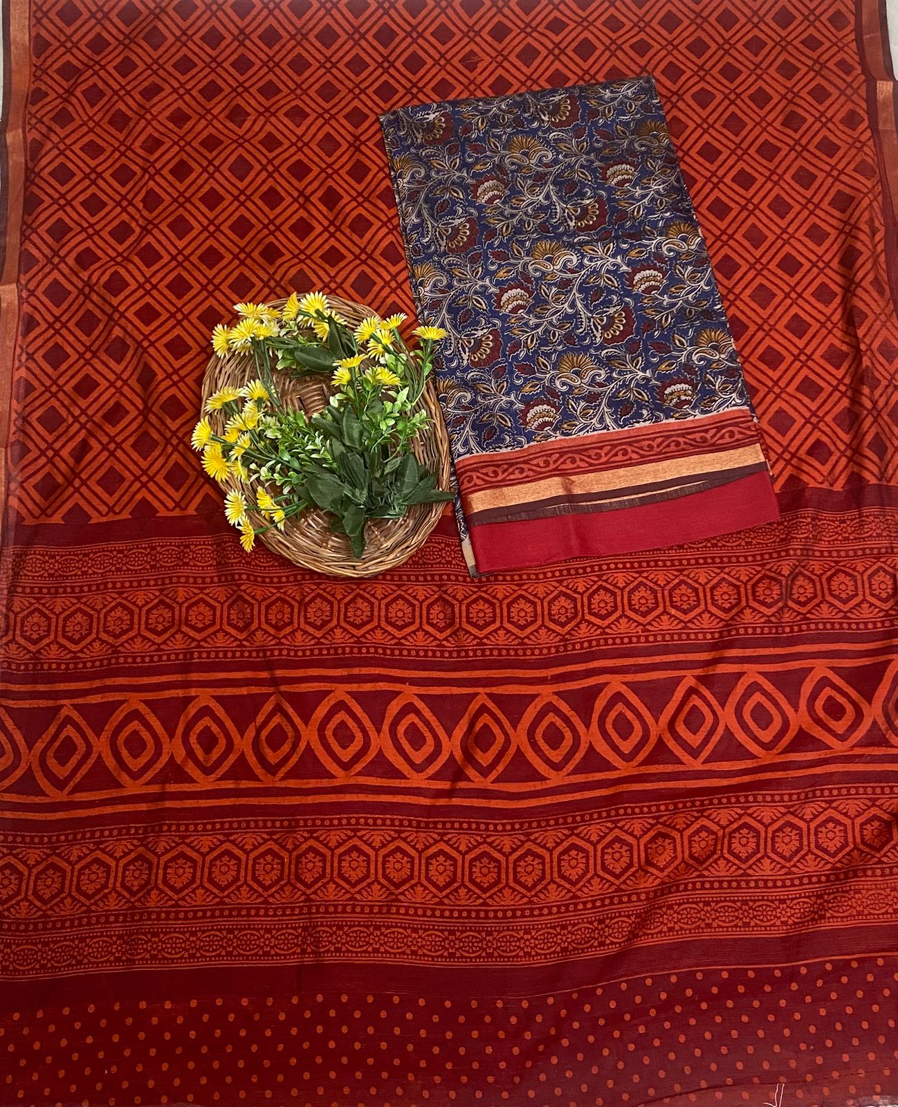 Maheshwari Silk Blue With Maroon Suit Fabric / Festive Vibe