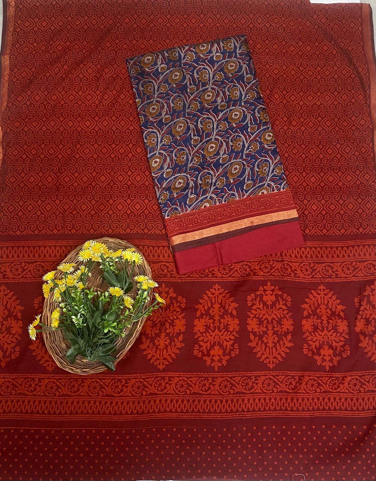 Maheshwari Silk Blue With Maroon Suit Fabric / Festive Vibe