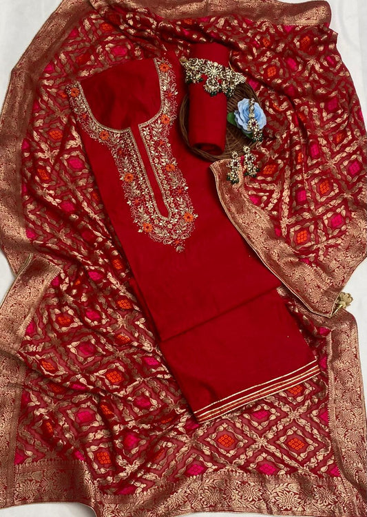 Chanderi Red Suit Fabric / Festive Vibe