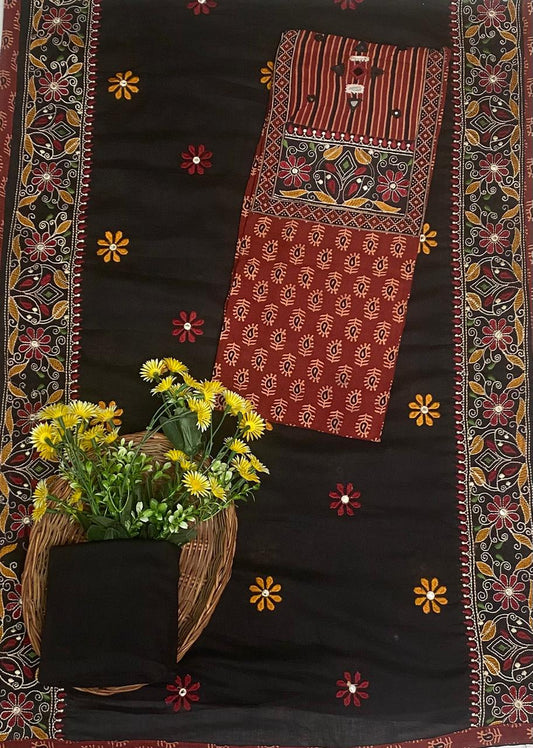 Cotton Maroon With Black Suit Fabric / Cotton Bazaar