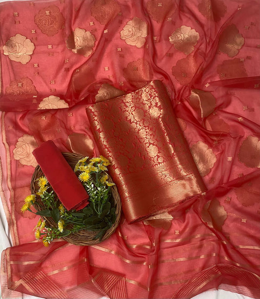Brocade Corrot Red Suit Fabric / Banarasi Baithak