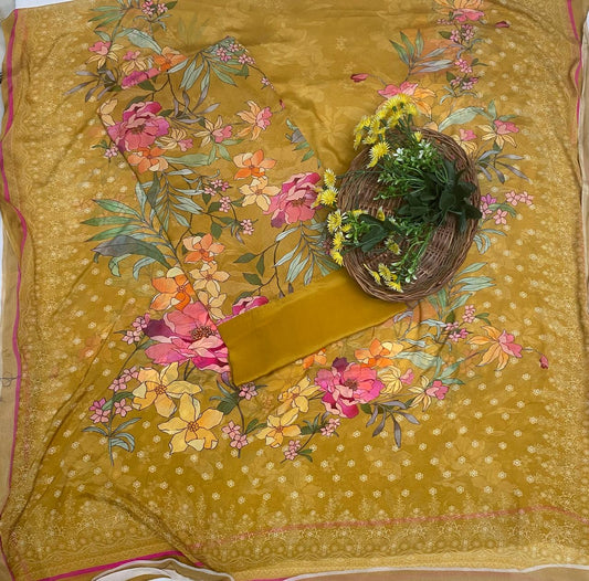 Chinon Dark Mustard Suit Fabric / Phoolon Ka Ghar