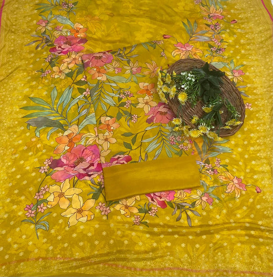 Chinon Mustard Suit Fabric / Phoolon Ka Ghar