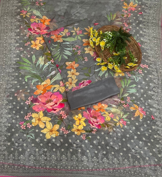 Chinon Grey Suit Fabric / Phoolon Ka Ghar