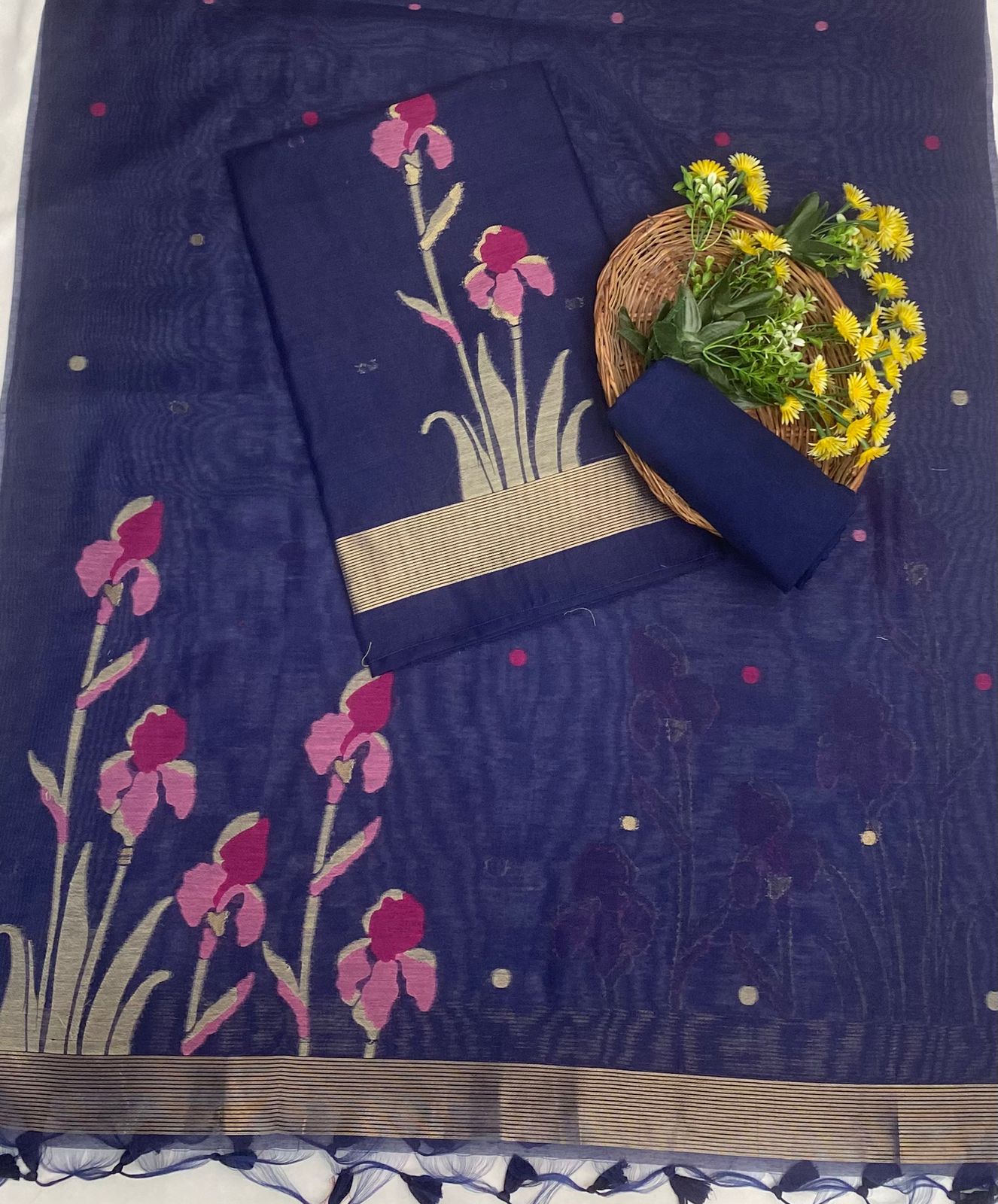 Jamdani Navy Blue Suit Fabric / Jamdani Suits