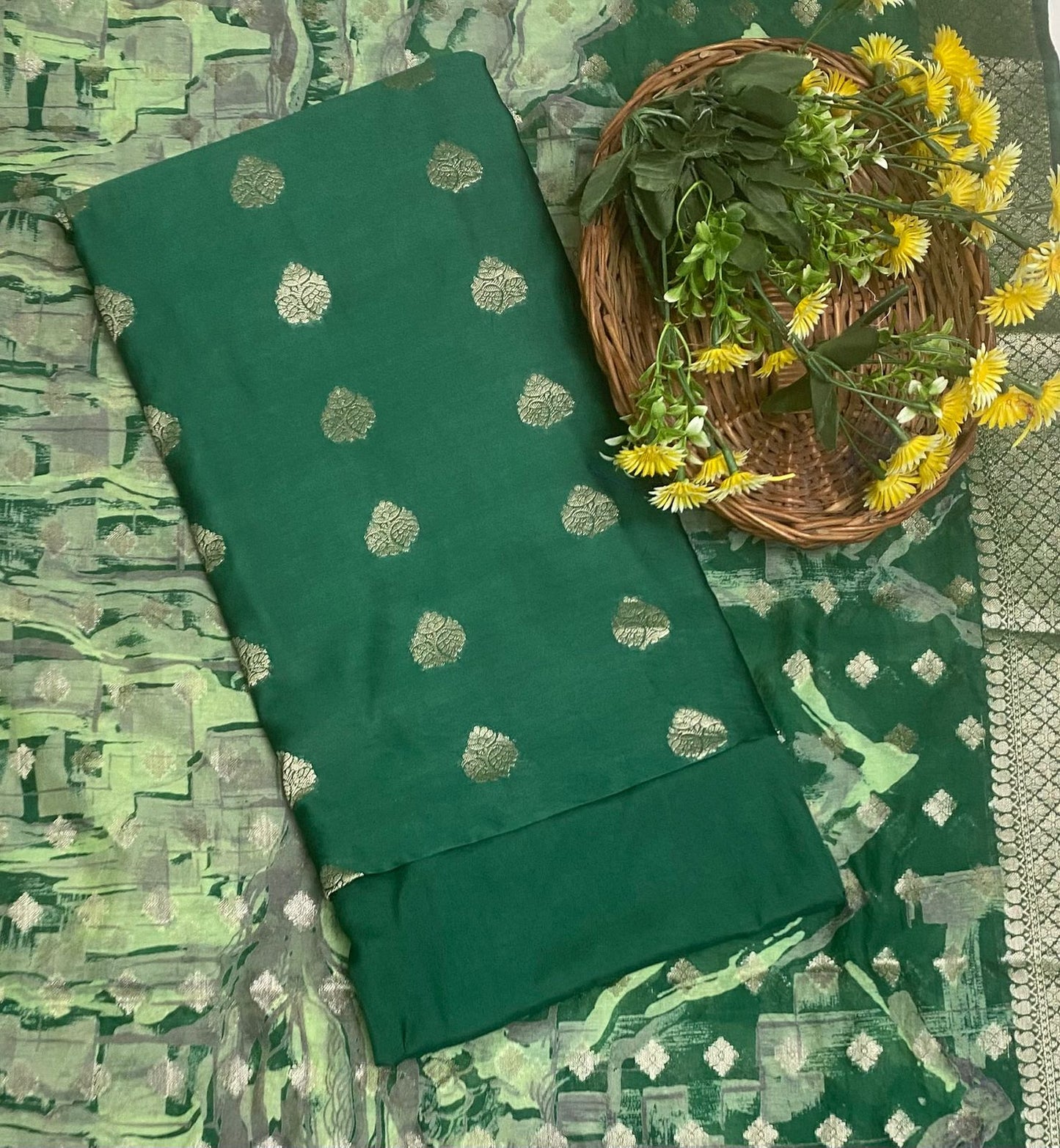Pure Maheshwari Dark Green Suit Fabric / Festive Vibe