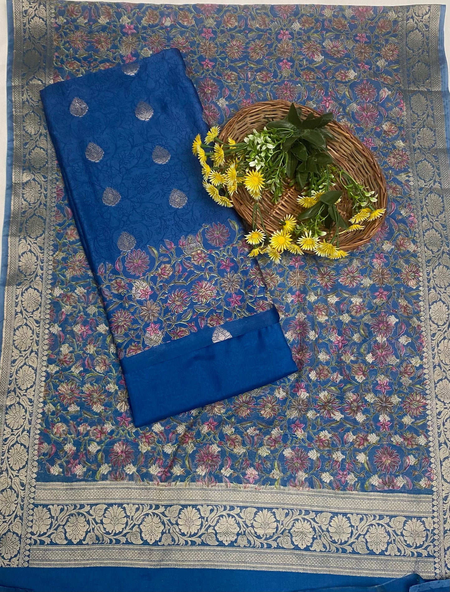 Pure Maheshwari Navy Blue Suit Fabric / Festive Vibe