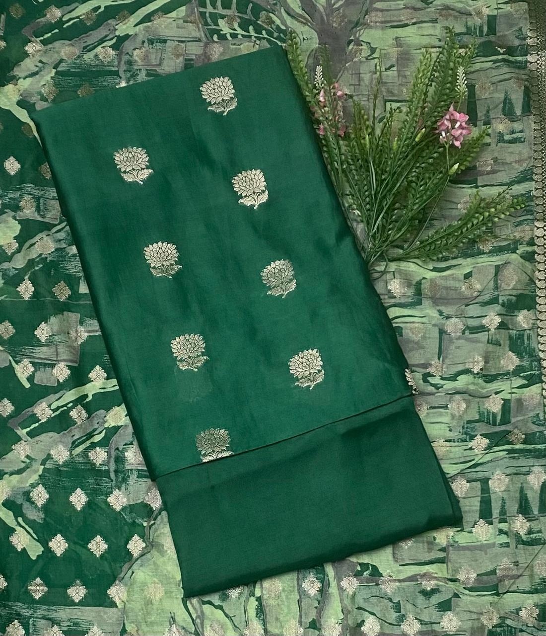 Pure Maheshwari Dark Green Suit Fabric / Festive Vibe