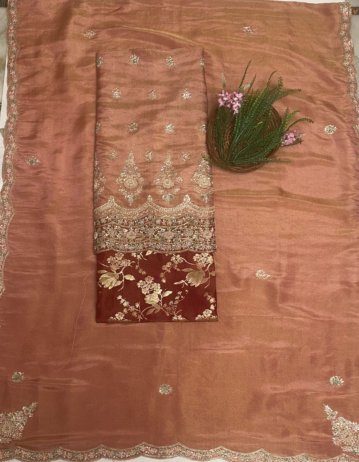 Shimmer Dusty Peach With Maroon Suit Fabric/ Karwachauth Collection