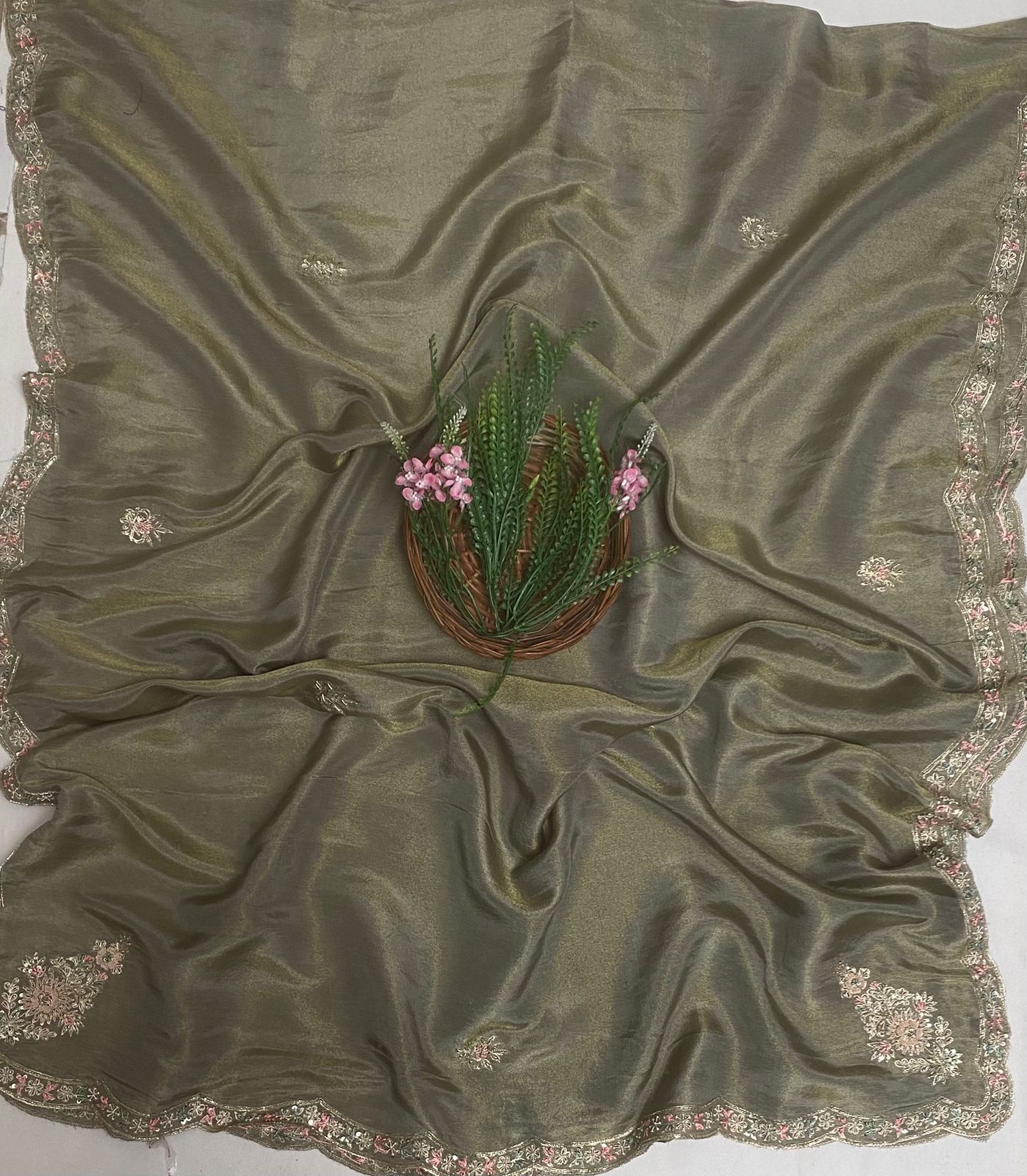 Shimmer Dusty Green With Brown Suit Fabric/ Karwachauth Collection
