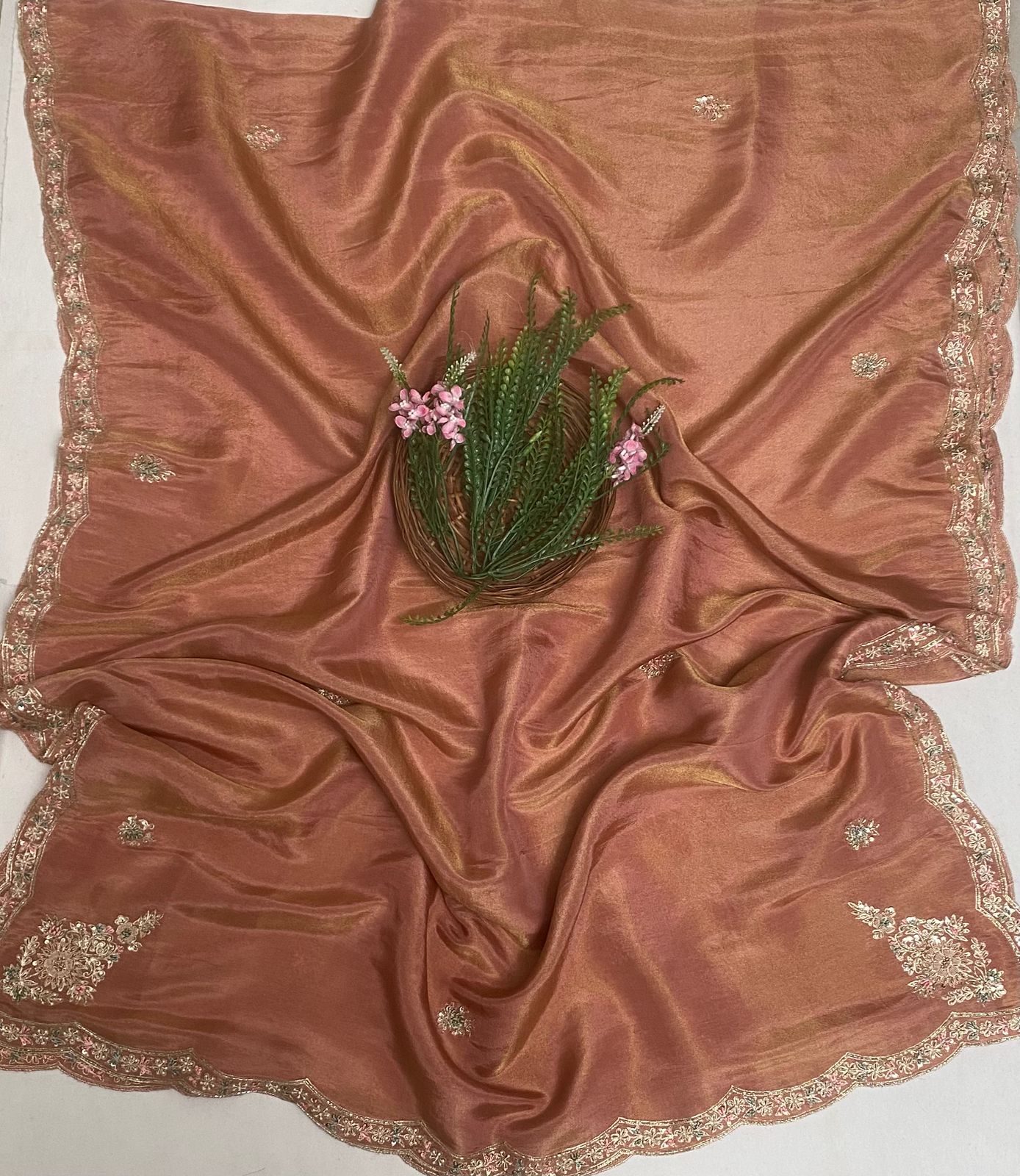 Shimmer Dusty Peach With Maroon Suit Fabric/ Karwachauth Collection