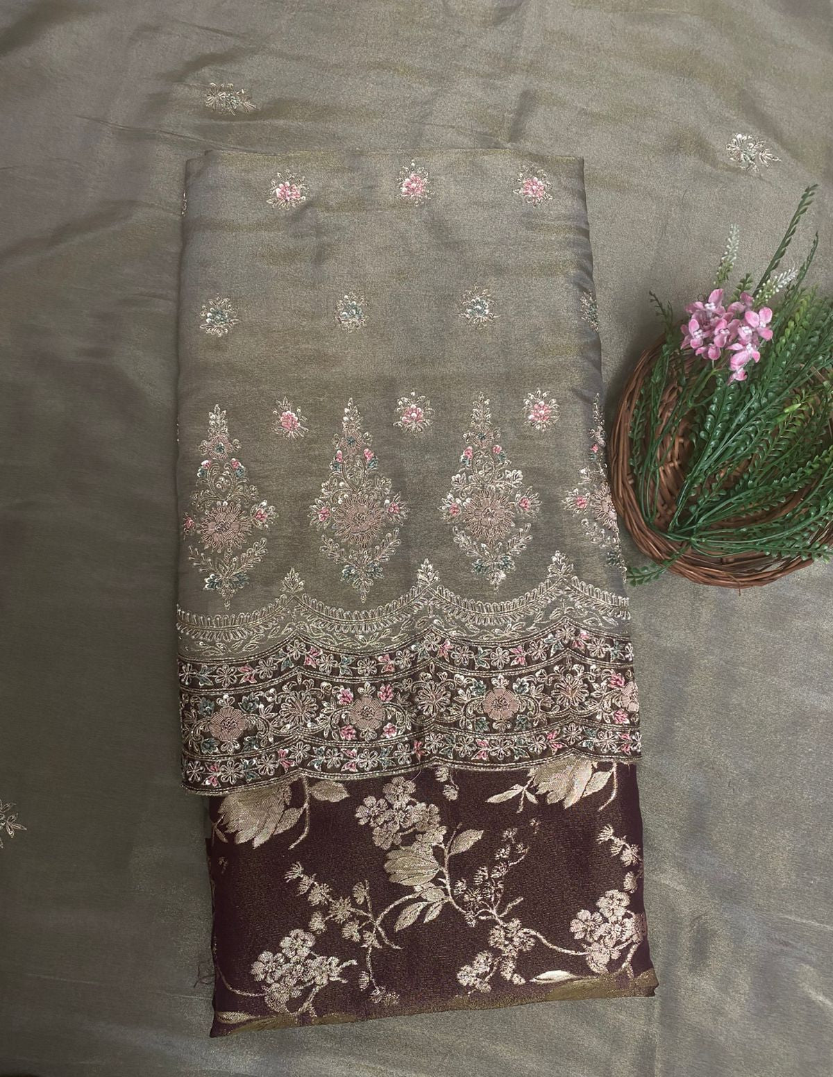 Shimmer Dusty Green With Brown Suit Fabric/ Karwachauth Collection