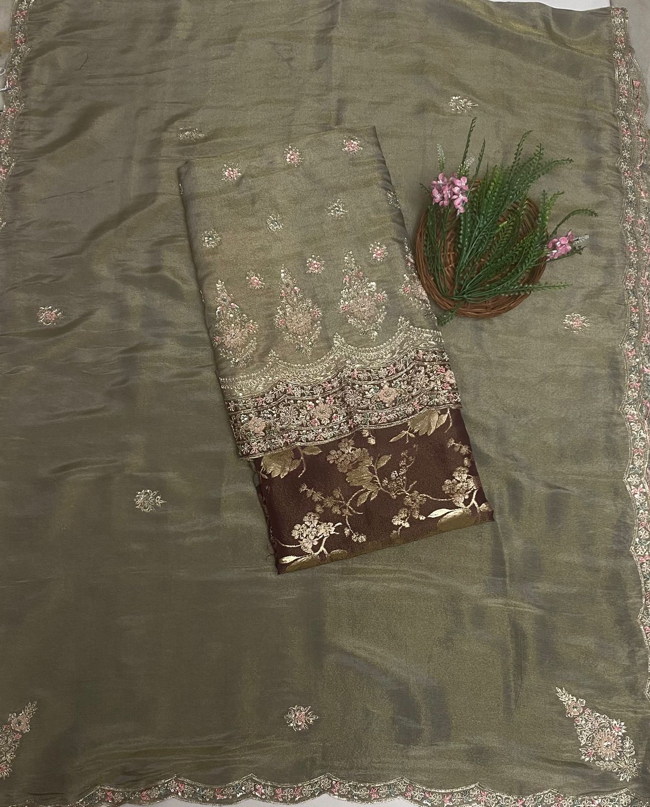 Shimmer Dusty Green With Brown Suit Fabric/ Karwachauth Collection