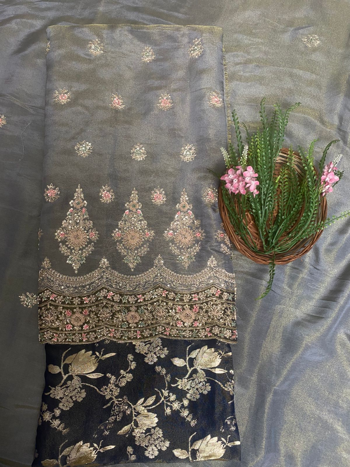 Shimmer Grey With Navy Blue Suit Fabric/ Karwachauth Collection