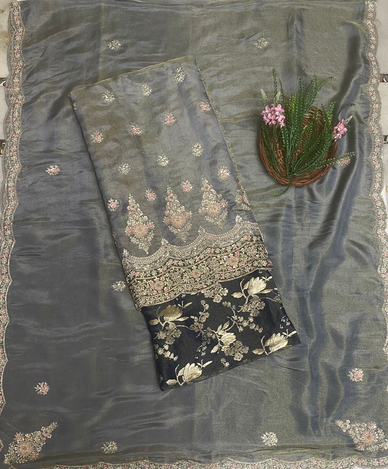 Shimmer Grey With Navy Blue Suit Fabric/ Karwachauth Collection
