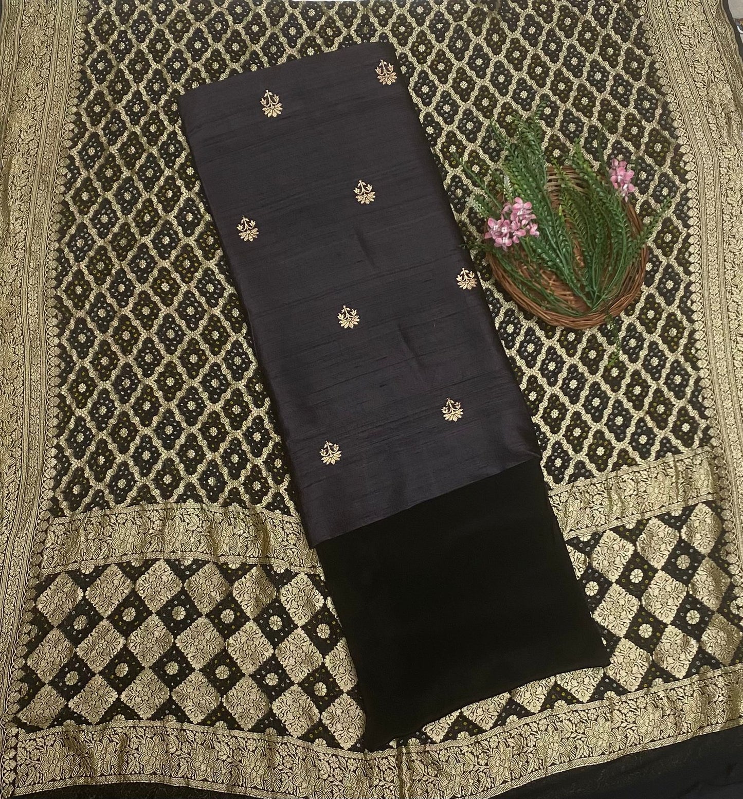 Banarasi Silk Black Suit Fabric/ Karwachauth Collection