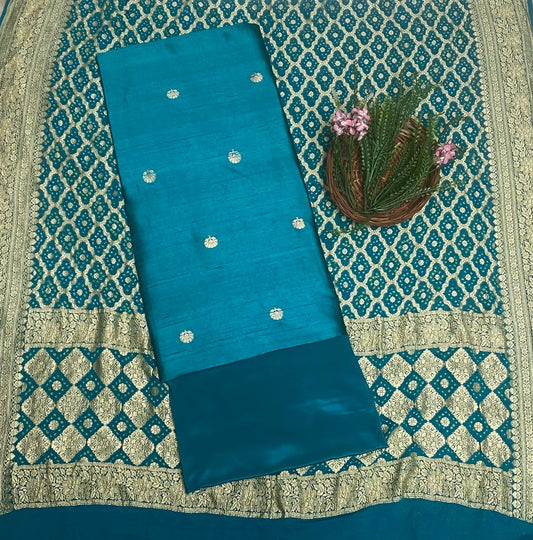Banarasi Silk Peacock Blue Suit Fabric/ Karwachauth Collection