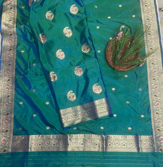 Pure Silk Greenish Blue Suit Fabric/ Karwachauth Collection