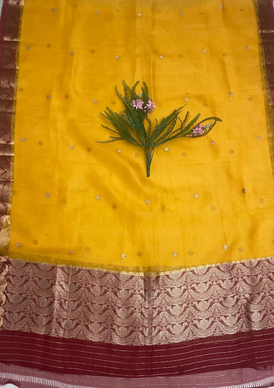 Pure Raw Silk Mustard With Maroon Suit Fabric / Banarasi Baithak