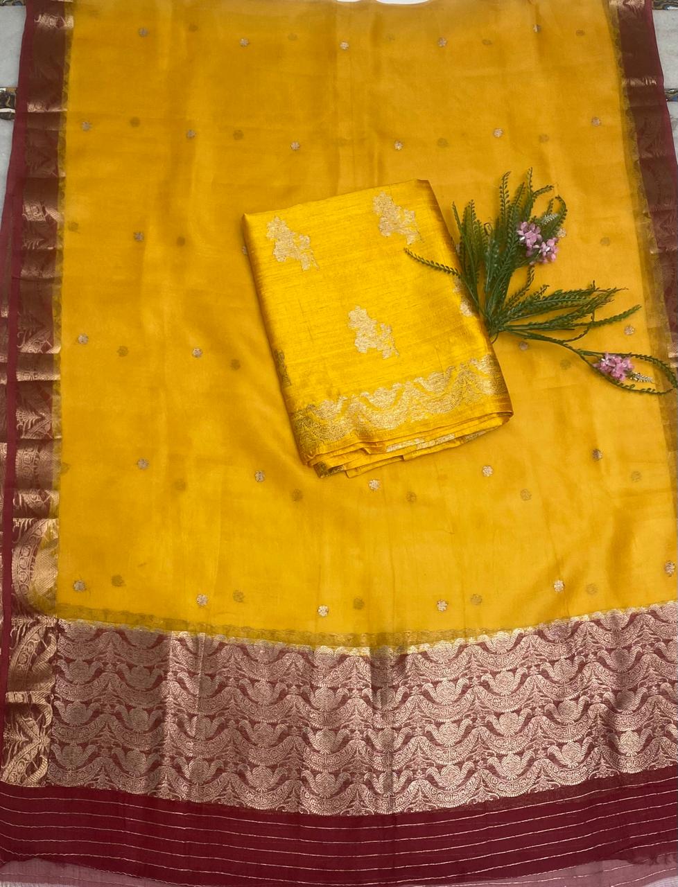 Pure Raw Silk Mustard With Maroon Suit Fabric / Banarasi Baithak