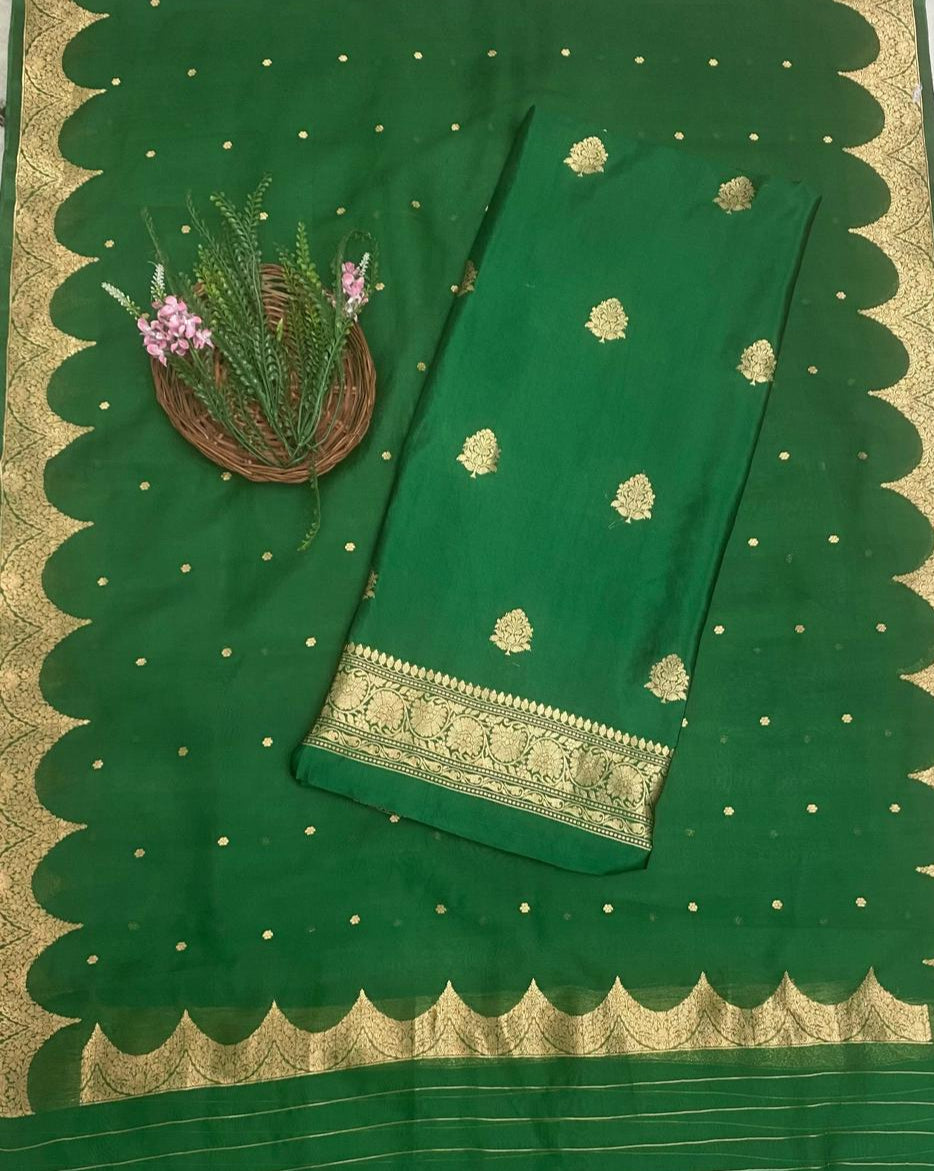 Pure Silk Green Suit Fabric / Banarasi Baithak