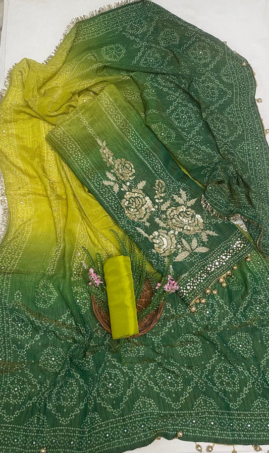 Crush Shimmer Green With Dark Green Suit Fabric/ Karwachauth Collection