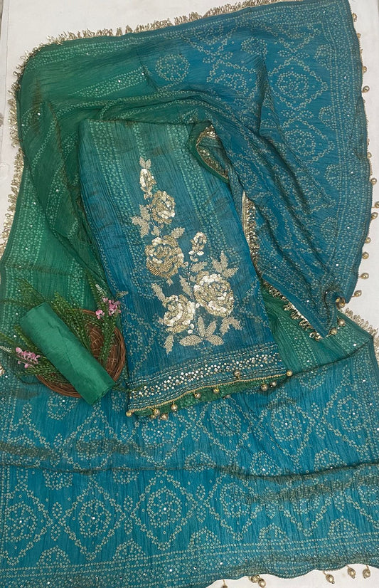 Crush Shimmer Sea Green With Blue Suit Fabric/ Karwachauth Collection
