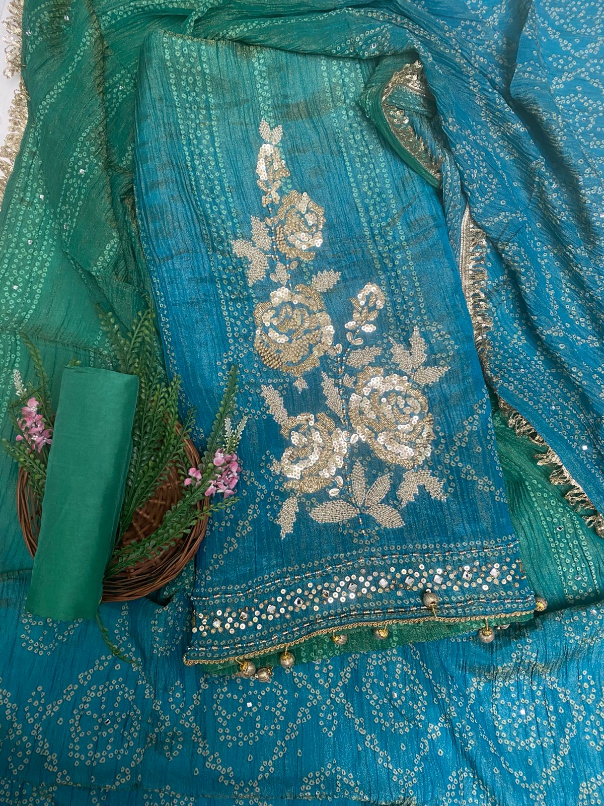 Crush Shimmer Sea Green With Blue Suit Fabric/ Karwachauth Collection