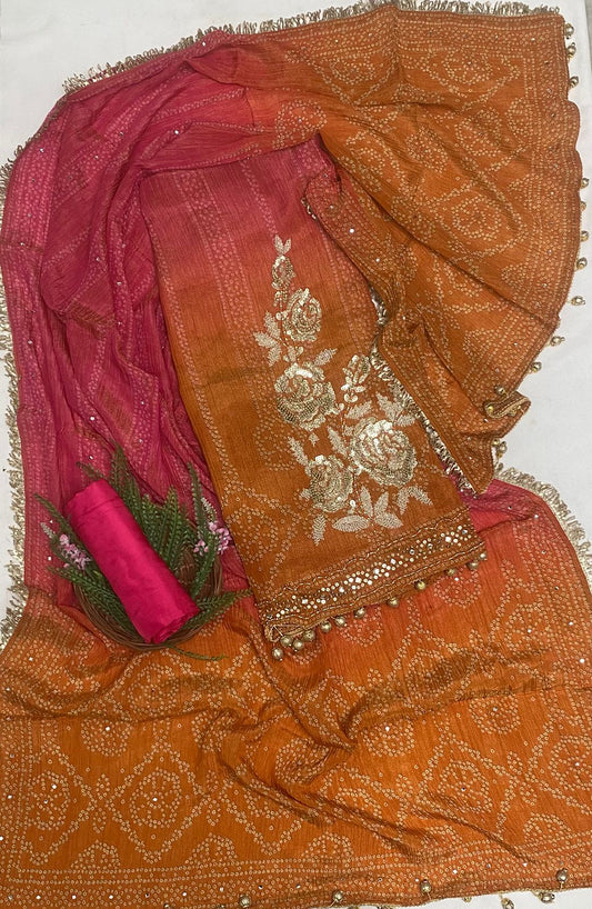 Crush Shimmer Pink With Rust Light Orange Suit Fabric/ Karwachauth Collection