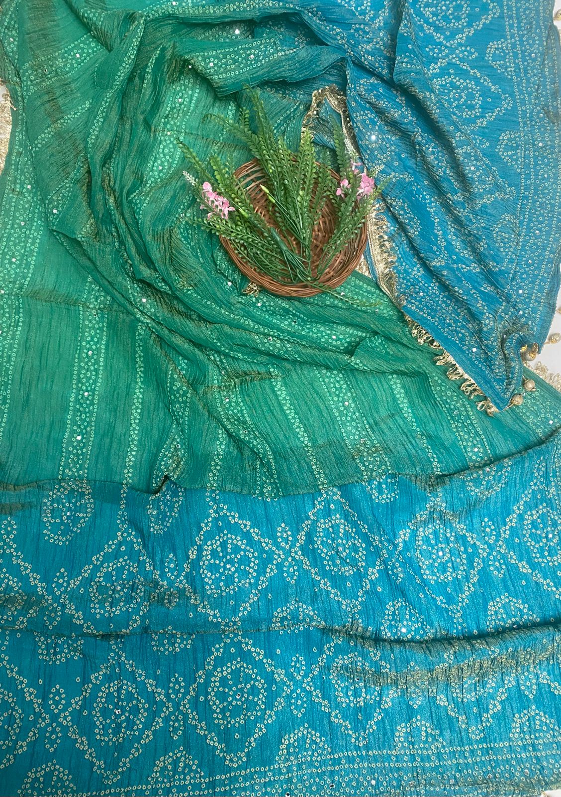 Crush Shimmer Sea Green With Blue Suit Fabric/ Karwachauth Collection