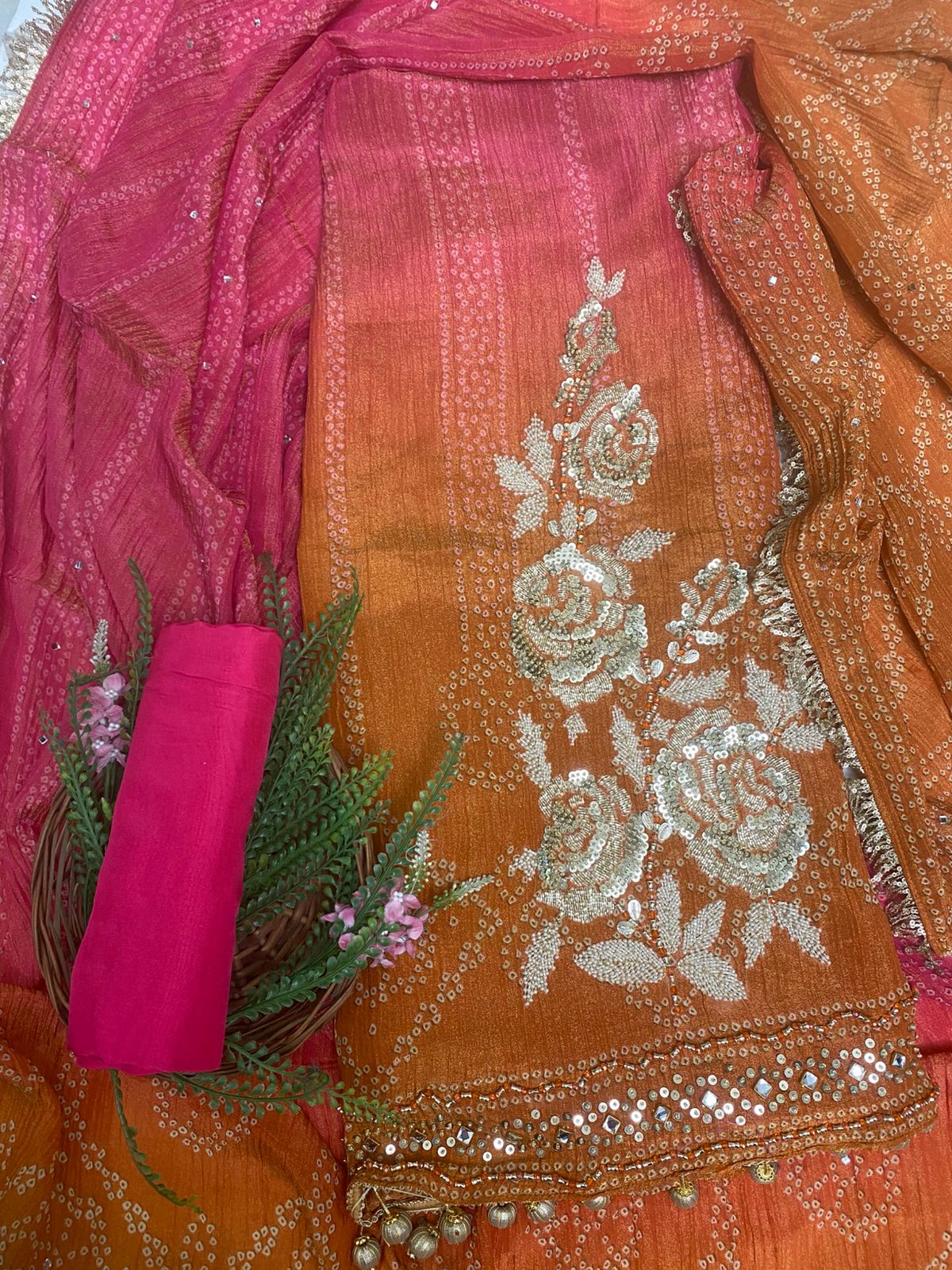 Crush Shimmer Pink With Rust Light Orange Suit Fabric/ Karwachauth Collection