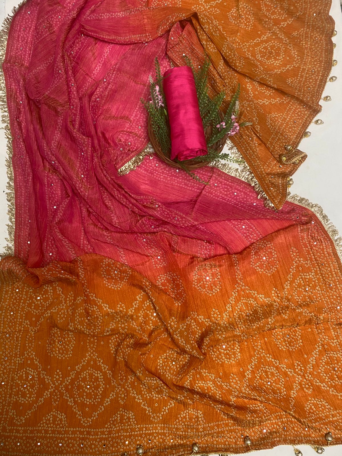Crush Shimmer Pink With Rust Light Orange Suit Fabric/ Karwachauth Collection