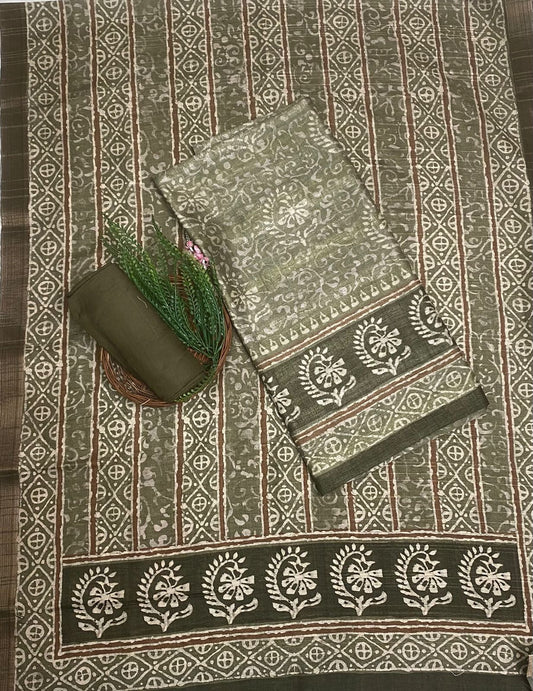 Tassar Mehndi Green Suit Fabric / Tassar Suits