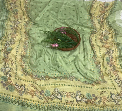 चिनॉन क्रेप मस्टर्ड सूट फैब्रिक / फूलों का घर