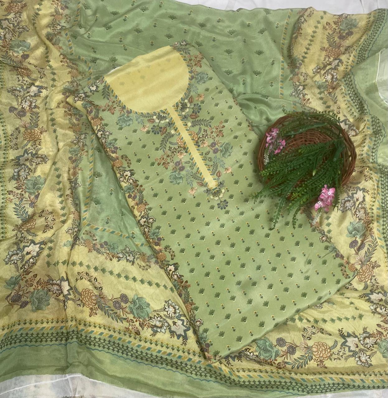 (Pre-Order) Crepe Pista Green Suit Fabric / Phoolon Ka Ghar