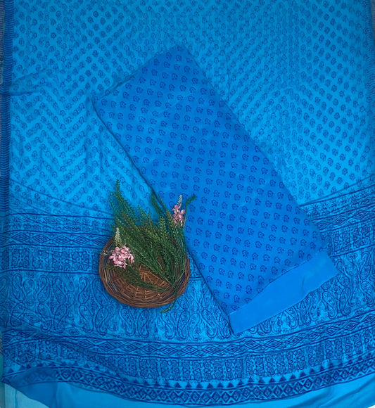 Crepe Blue Suit Fabric / Phoolon Ka Ghar