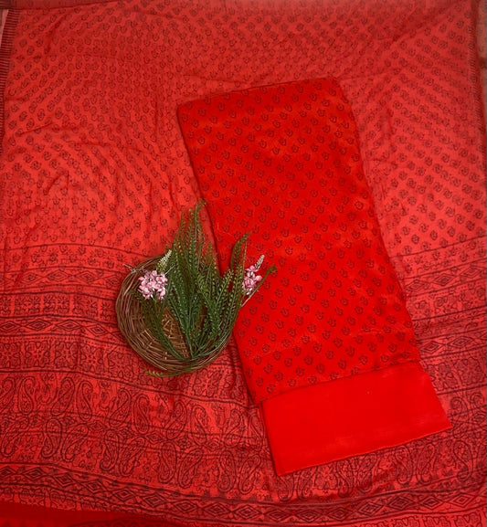 Crepe Red Suit Fabric / Phoolon Ka Ghar