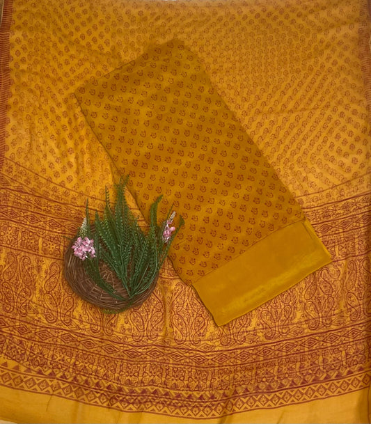 Crepe Mustard Suit Fabric / Phoolon Ka Ghar
