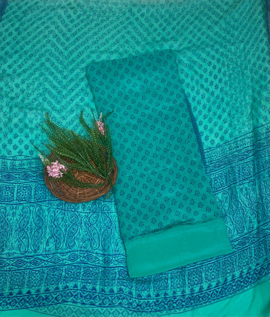 Crepe Sea Green Suit Fabric / Phoolon Ka Ghar