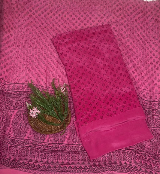Crepe Pink Green Suit Fabric / Phoolon Ka Ghar