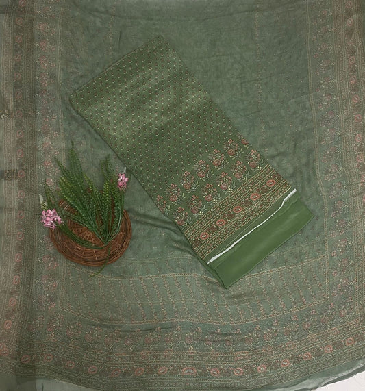 Crepe Mehndi Green Suit Fabric / Phoolon Ka Ghar