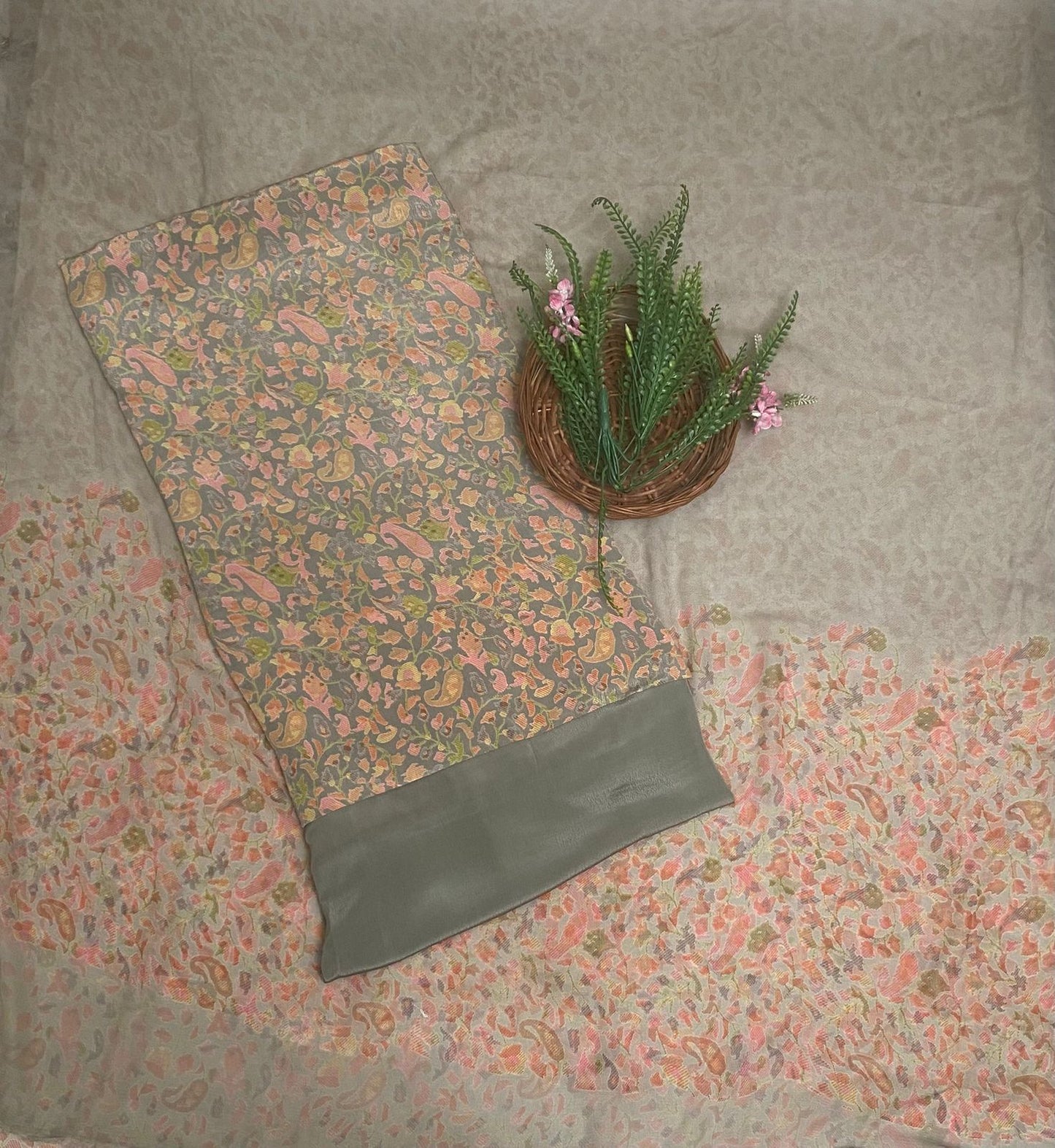 Crepe Dusty Pista Suit Fabric / Phoolon Ka Ghar