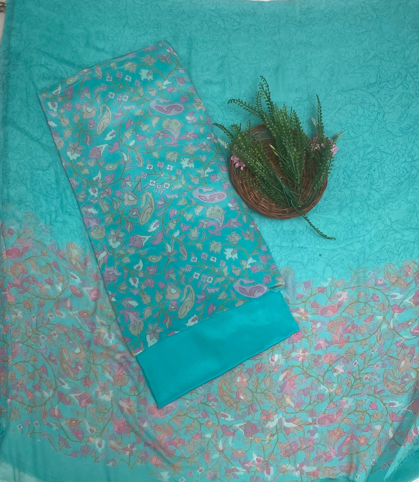 Crepe Sea Green Suit Fabric / Phoolon Ka Ghar