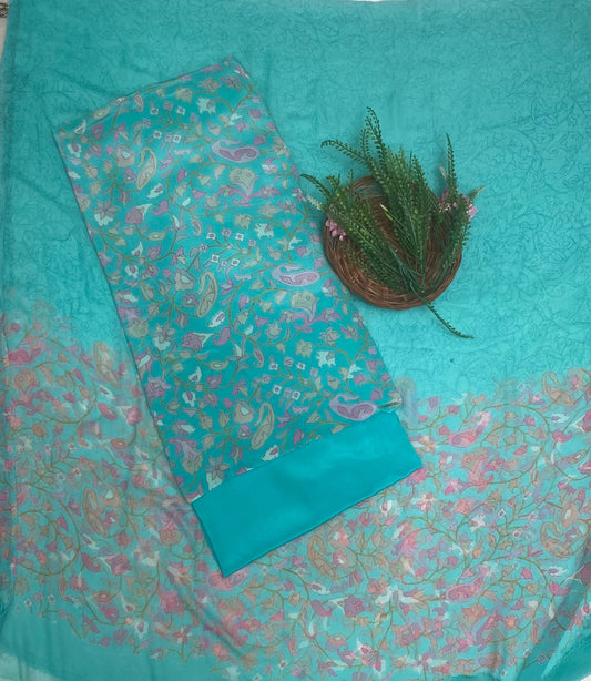 Crepe Sea Green Suit Fabric / Phoolon Ka Ghar