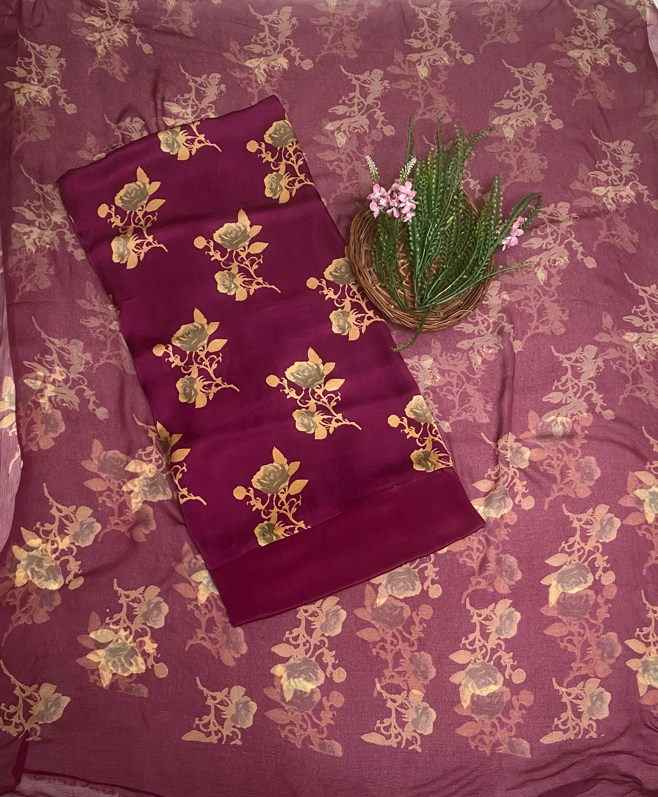 Satin Wine Suit Fabric / Phoolon Ka Ghar